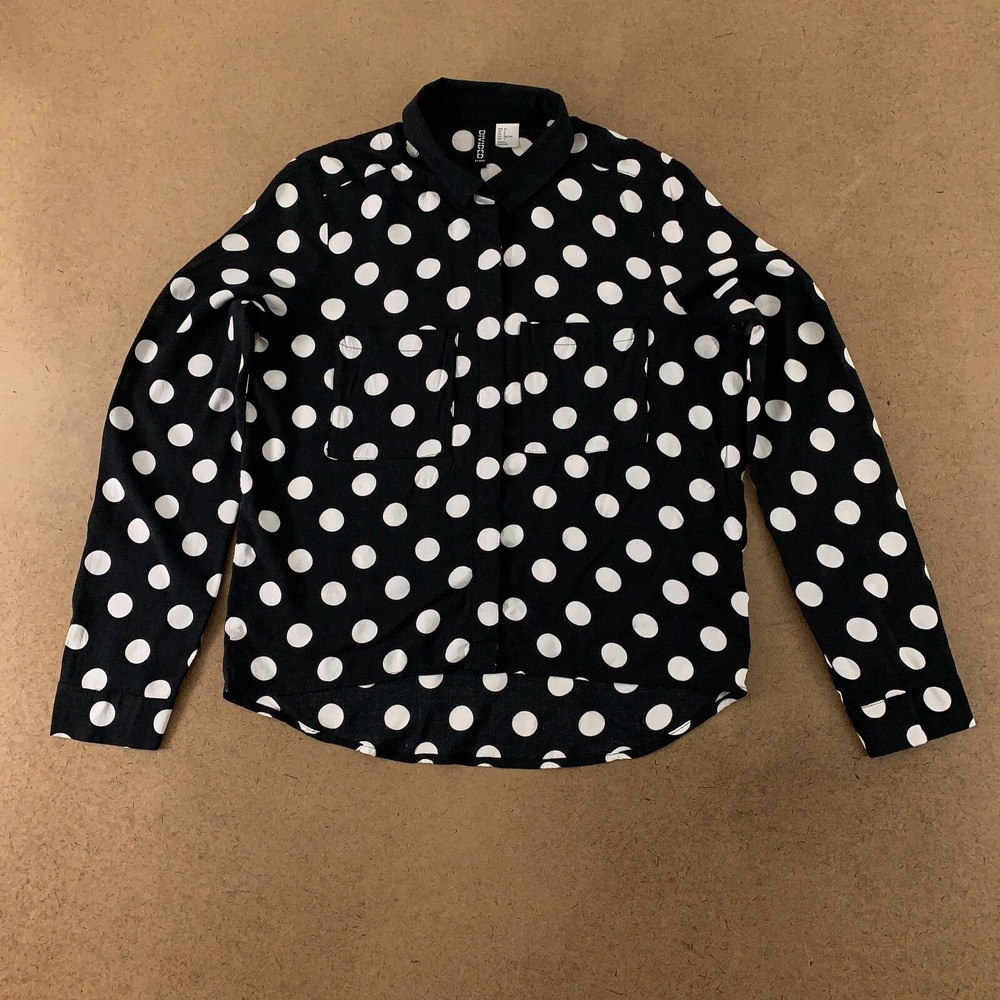 Divided by H&M Women's Size 2 Black White Polka Dot Long Sleeve Button Up *Flaw*